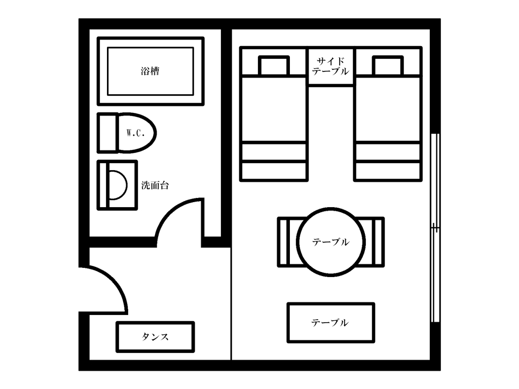 客室間取り一例（２名利用時）、３名の場合は部屋の隅に寝具を用意しています。