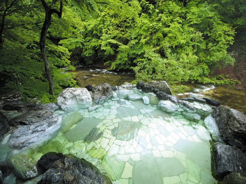 窓近くに湯西川の大自然が迫る「岩風呂」