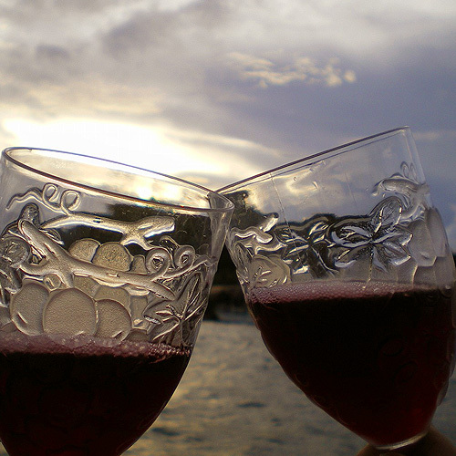 弓ヶ浜を望みながら特典のワインで乾杯♪