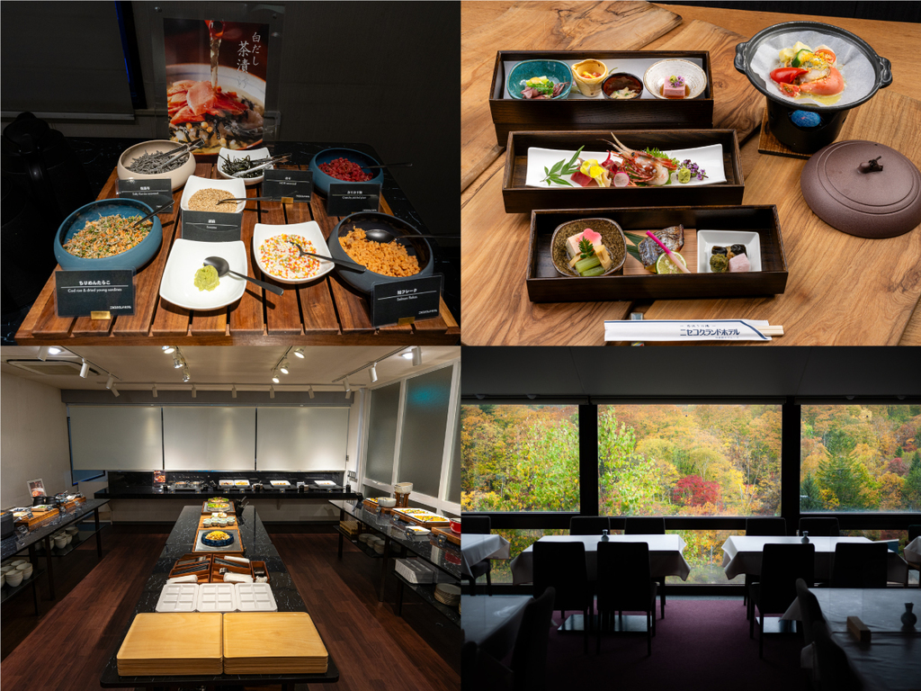Dinner image - Colorful box (three-tiered box) and a ceramic plate-grilled dish, plus semi-buffet